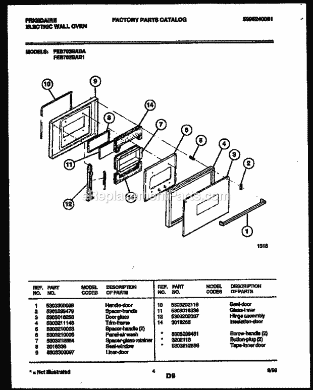 Frigidaire FEB703BAB1 Built-In, Electric Electric Wall Oven Door Parts Diagram