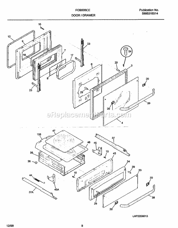 Frigidaire FGB500CEBH Frg/Gas Wall Oven Door / Drawer Diagram