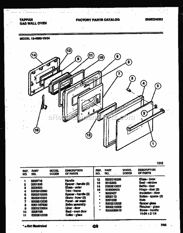 Tappan 12-4980-00-04 Built-In, Gas Gas Wall Oven - 5995224093 Door Parts Diagram