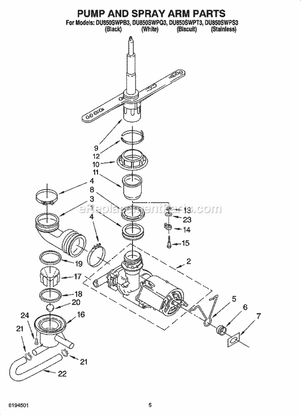 Whirlpool DU850SWPQ3 Dishwasher Pump And Spray Arm Parts Diagram