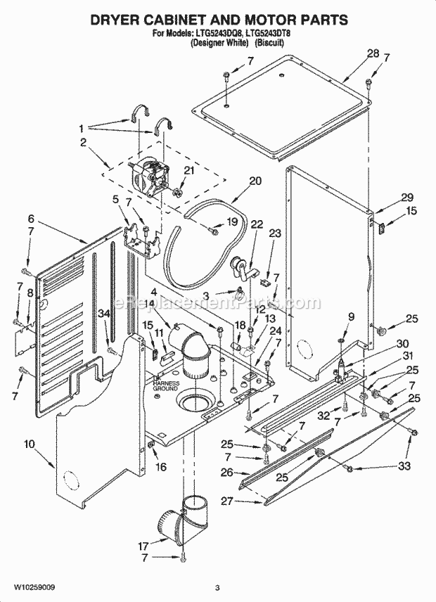 Whirlpool LTG5243DQ8 Laundry Center Dryer Cabinet and Motor Parts Diagram